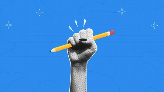 Collage de mano sosteniendo un lápiz