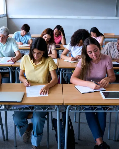 Estudiantes realizando una prueba en clase