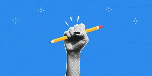 Collage de mano sosteniendo un lápiz