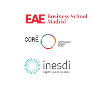 Logotipos de los partners de UNIE: EAE Business School, The Core School, INESDI