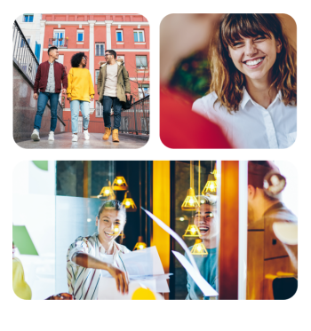 tres escenas de estudantes trabajando, paseando por madrid, riendo